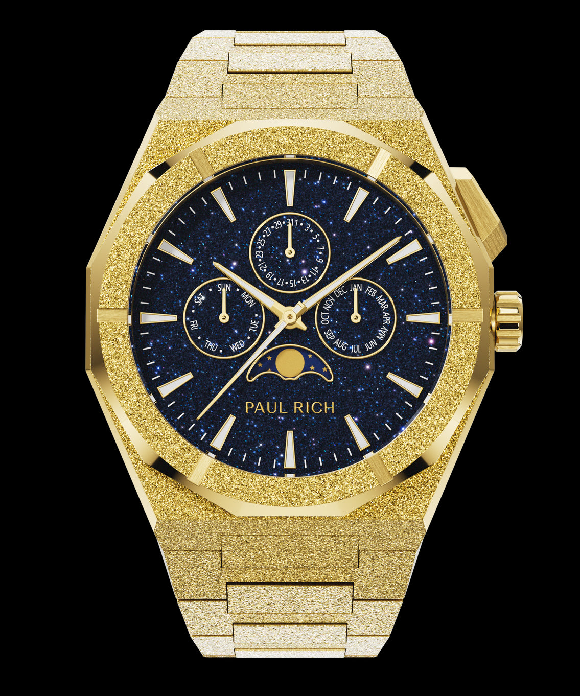Paul Rich frosted gold watch with aventurine dial, moonphase display, and three subdials on a frosted gold bracelet. Paul Rich frosted gold watch with aventurine dial, moonphase display, and three subdials on a frosted gold bracelet.