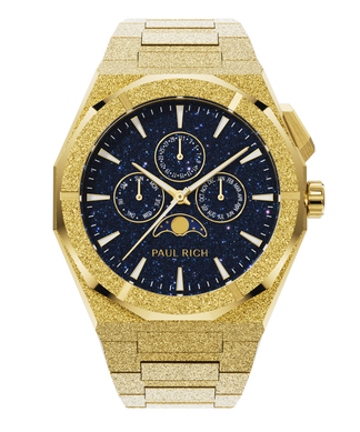 Moonphase Frosted Star Dust II Gold Paul Rich frosted gold watch with aventurine dial, moonphase display, and three subdials on a frosted gold bracelet.
