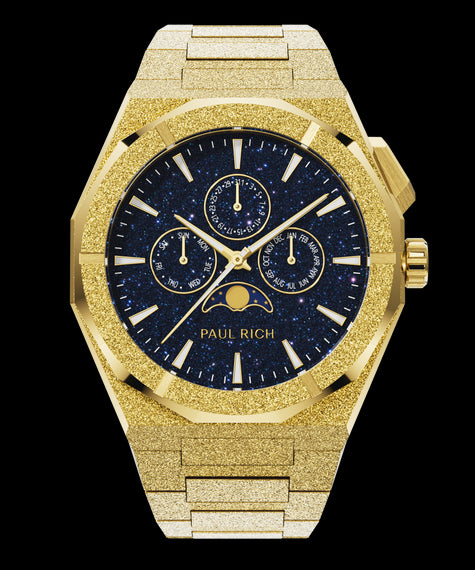 Moonphase Frosted Star Dust II Gold Paul Rich frosted gold watch with aventurine dial, moonphase display, and three subdials on a frosted gold bracelet.