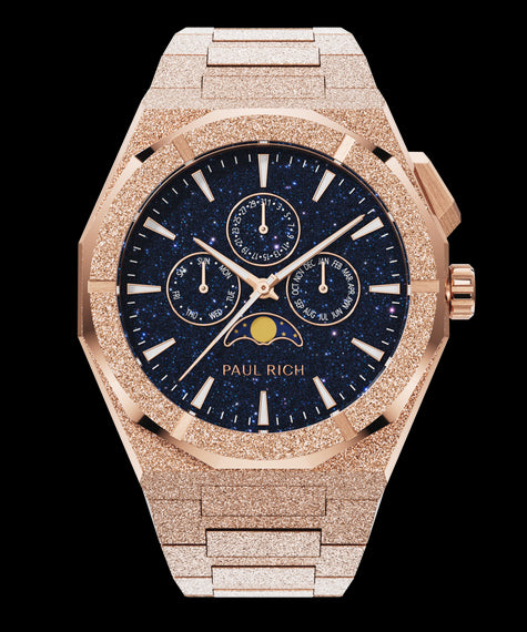 Moonphase Frosted Star Dust II Rose Gold Paul Rich frosted rose gold watch with aventurine dial, moonphase display, and three subdials on a frosted bracelet.