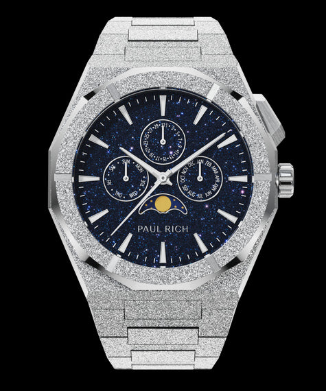 Moonphase Frosted Star Dust II Silver Paul Rich frosted silver watch with aventurine dial, moonphase display, and three subdials on a frosted silver bracelet.