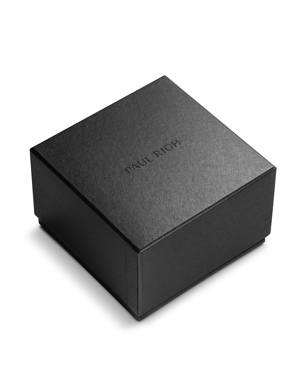 Closed black Paul Rich watch box with embossed logo, textured finish, and square shape. product_visual Closed black Paul Rich watch box with embossed logo, textured finish, and square shape. product_visual