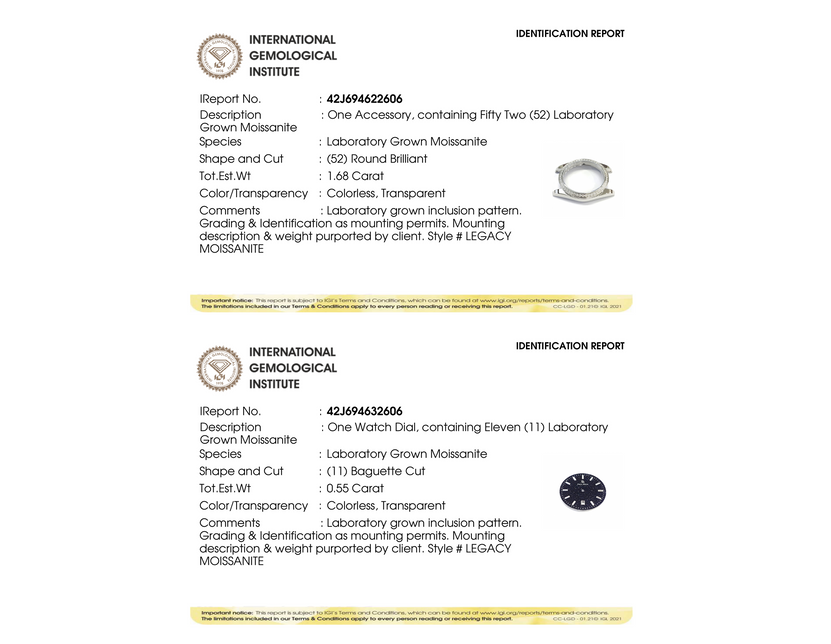 IGI grading reports for Moissanite Legacy Silver Blue Aventurine: bezel (52 round-brilliant moissanite, 1.68 ct) and dial, both Colorless, Transparent. IGI grading reports for Moissanite Legacy Silver Blue Aventurine: bezel (52 round-brilliant moissanite, 1.68 ct) and dial, both Colorless, Transparent.