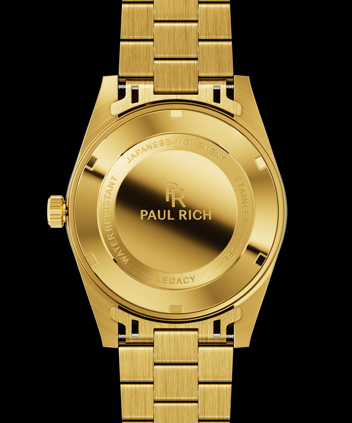 Back view of a gold-tone Paul Rich watch engraved with βPaul Rich,β βJapanese Movement,β βStainless Steel,β βWater Resistant,β and βLegacy,β shown with a gold link bracelet. Back view of a gold-tone Paul Rich watch engraved with βPaul Rich,β βJapanese Movement,β βStainless Steel,β βWater Resistant,β and βLegacy,β shown with a gold link bracelet.