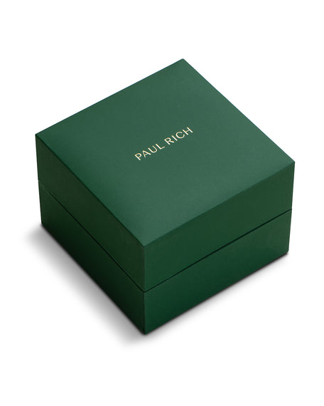 Icon - Gold Pink Dark green square watch box with gold βPAUL RICHβ lettering on the lid, shown closed on a white background.