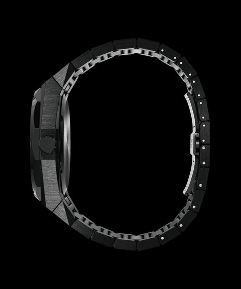 Side view of a Paul Rich watch with brushed black case, engraved crown, and fully closed black link bracelet with polished inner structure. Quartz | Automatic [lifestyle]
