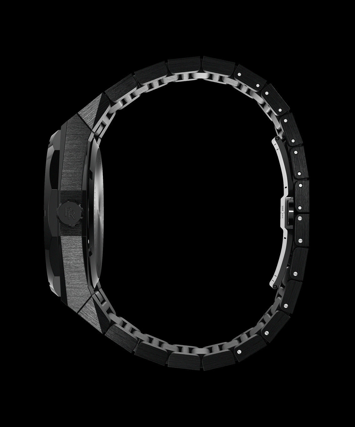 Side view of black Paul Rich watch with closed brushed metal bracelet and PR logo engraved on the crown, shown on transparent background.