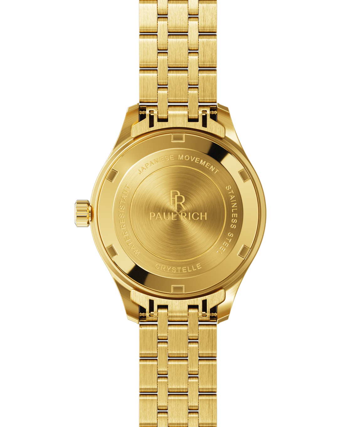 Back view of a gold-tone Paul Rich watch showing an engraved caseback with the text “Paul Rich,” “Japanese Movement,” “Stainless Steel,” “Water Resistant,” and “Crystelle.”