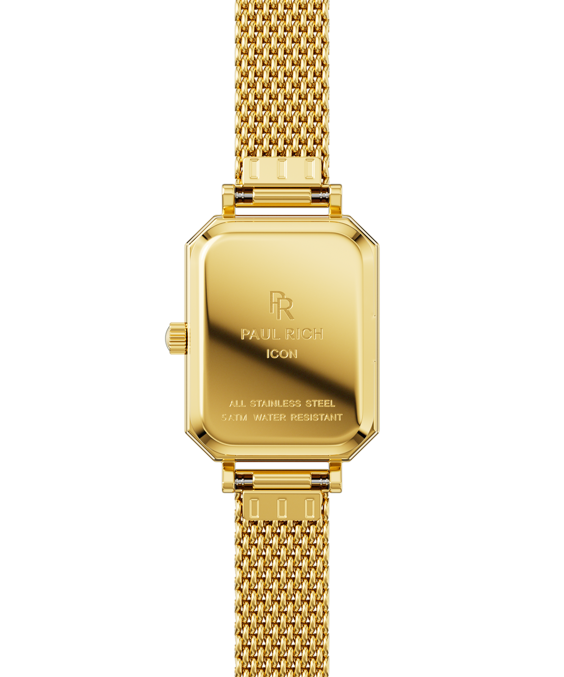 Back view of a gold-tone Paul Rich watch with rectangular case engraved with “Paul Rich ICON,” “All Stainless Steel,” and “5ATM Water Resistant,” shown with a gold mesh strap.