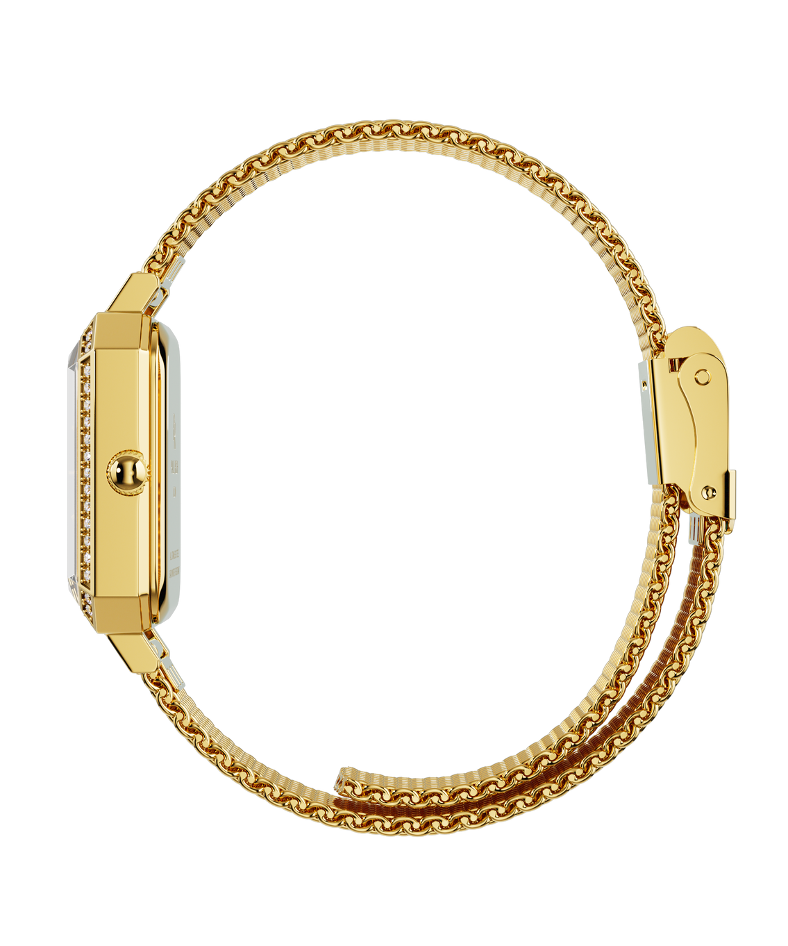 Side view of a gold-tone Paul Rich watch with a slim gem-set octagonal case and a closed gold mesh strap, shown in a circular position.