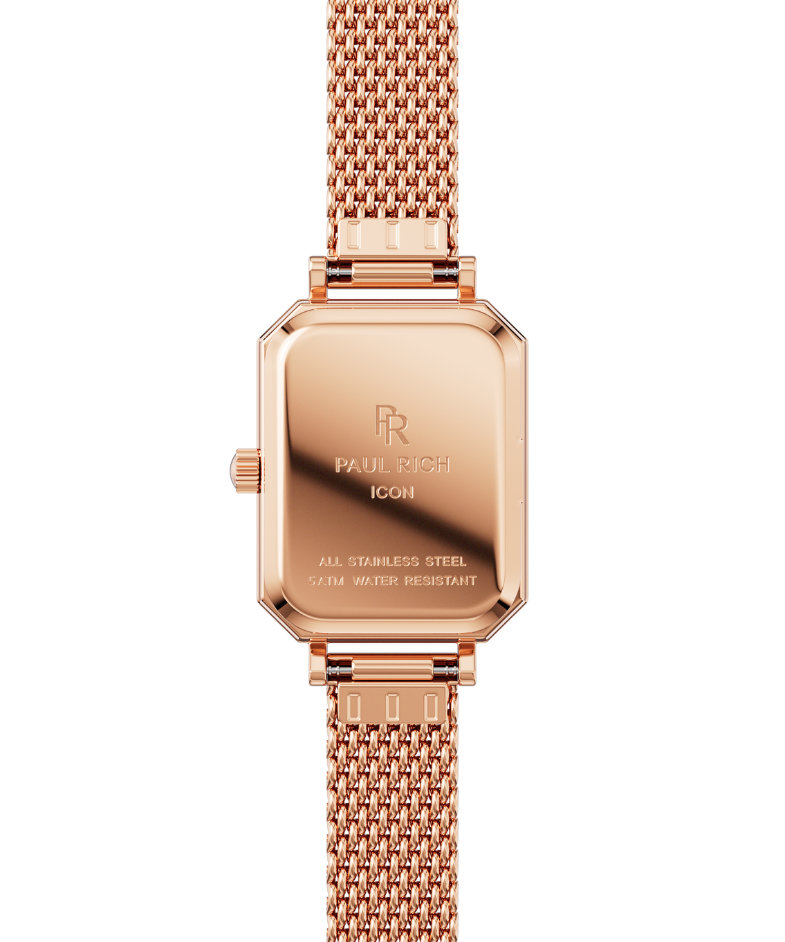 Back view of a rose gold Paul Rich watch with rectangular case, engraved with “Paul Rich ICON,” “All Stainless Steel,” and “5ATM Water Resistant,” shown with a rose gold mesh strap.