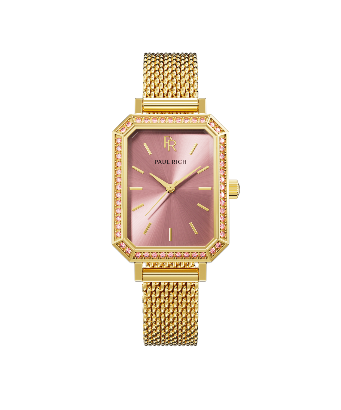 Gold-tone rectangular Paul Rich women’s watch with a pink sunray dial, crystal-set bezel, and gold mesh bracelet on a black background.