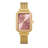 Gold-tone rectangular Paul Rich women’s watch with a pink sunray dial, crystal-set bezel, and gold mesh bracelet on a black background.