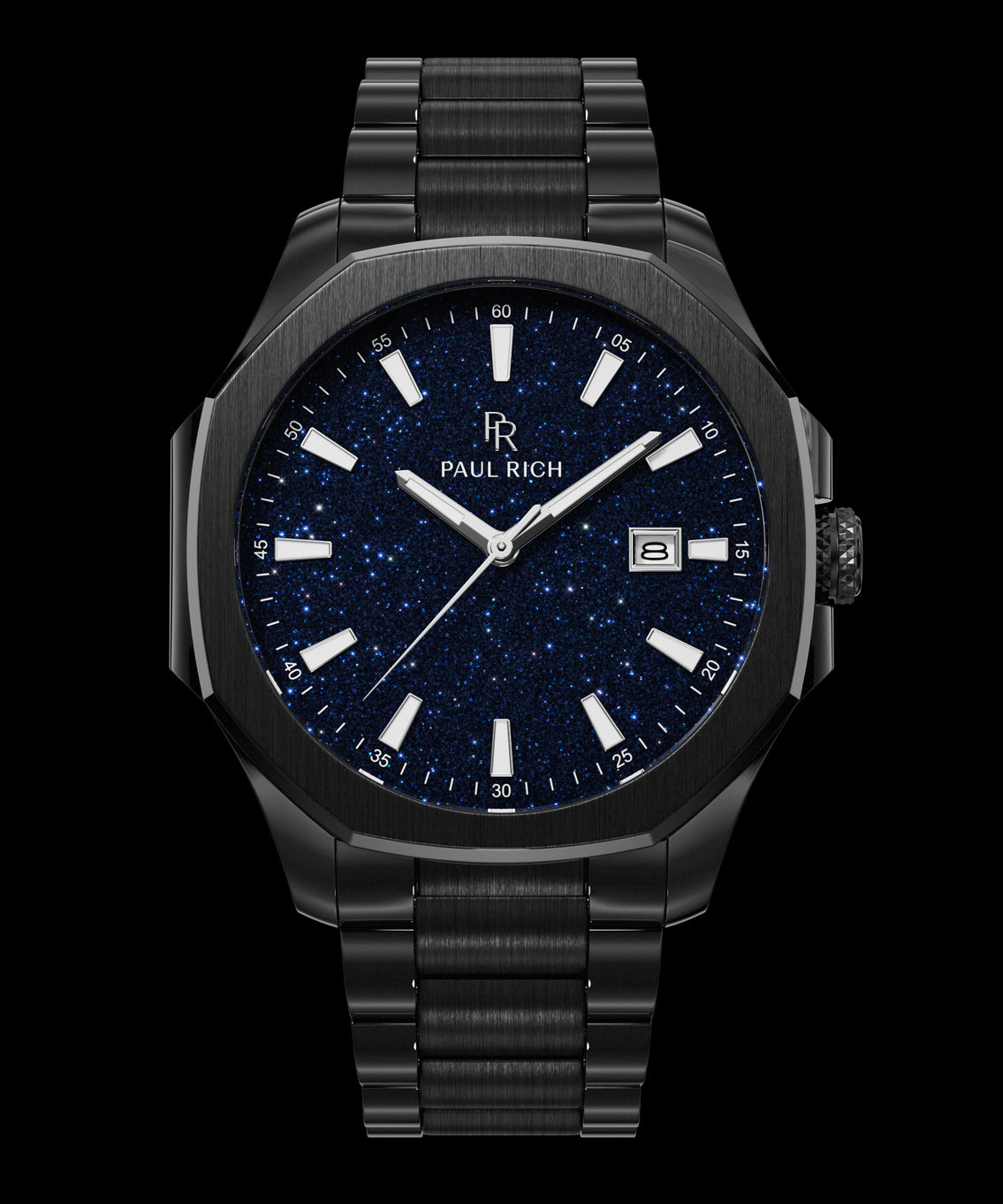 Front view of Paul Rich watch with brushed black case and bracelet, blue aventurine dial, silver indices, and date window at 3 o’clock.