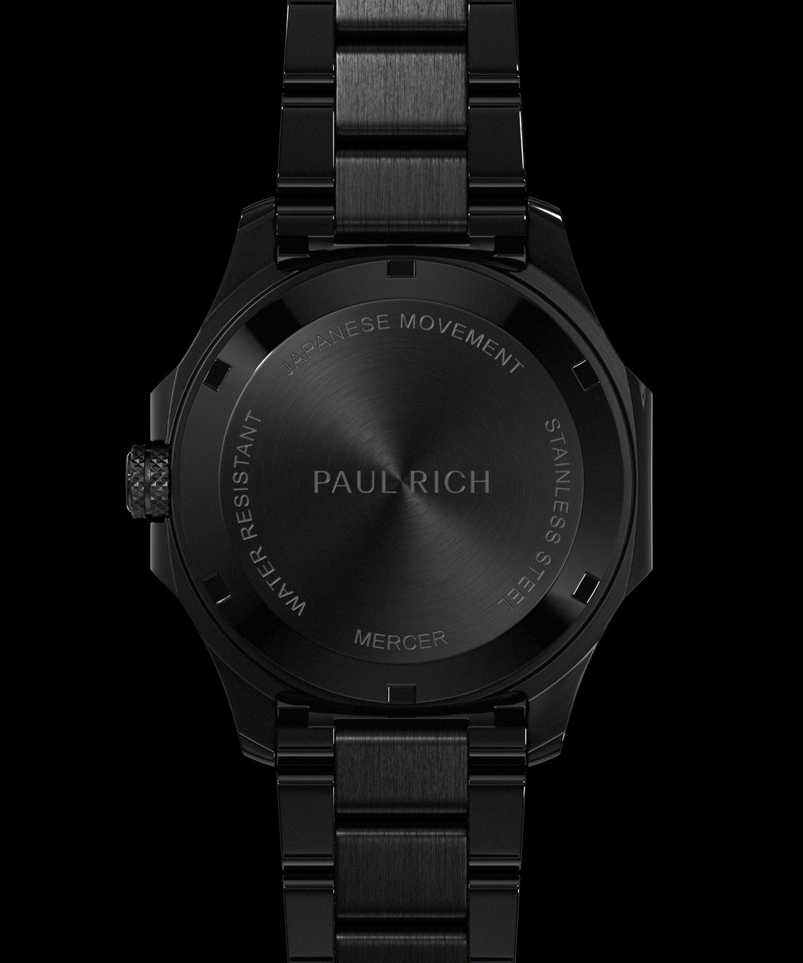 Back view of Paul Rich watch with brushed black caseback engraved with “PAUL RICH,” “MERCER,” “JAPANESE MOVEMENT,” and “STAINLESS STEEL.”