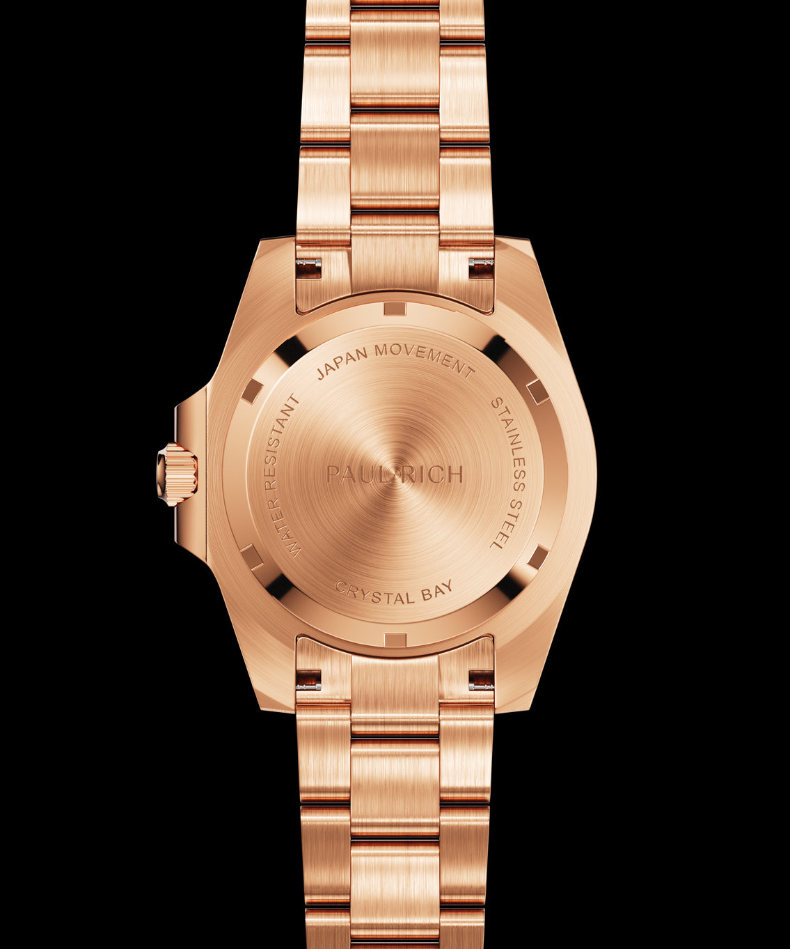 Rose-gold stainless steel watch case back and bracelet shown from the rear, highlighting engraved details and brushed metal texture.
