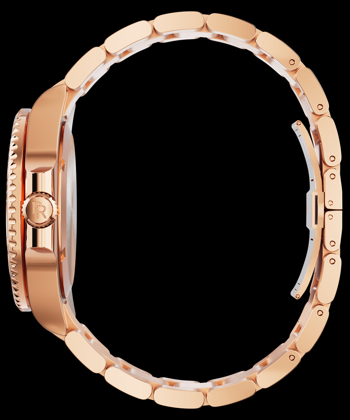 Side view of a rose-gold stainless steel watch and bracelet, showing the crown, case profile, and linked band against a transparent background.