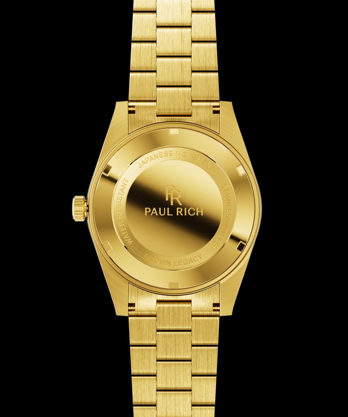 Gold watch case back with engraved text and logo, brushed gold bracelet links, and a matching gold crown.