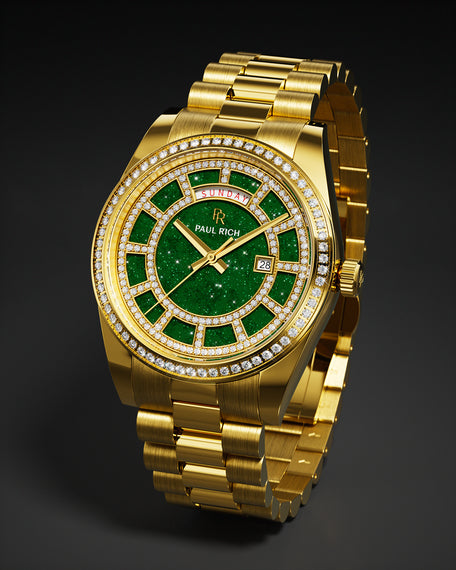 Gold watch with a green aventurine dial, full day–date display, pavé diamond bezel, and a gold three-link bracelet shown against a dark background. product_visual, [lifestyle]