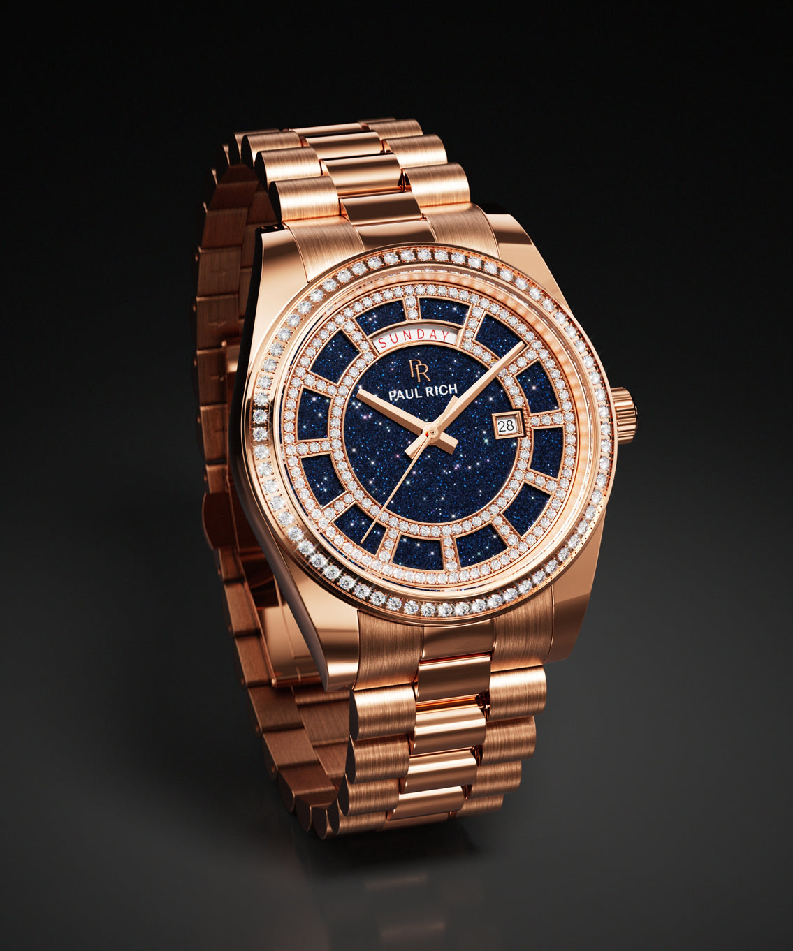 Rose gold watch with a blue aventurine dial and a pavé stone-set bezel, shown on a matching rose gold bracelet against a dark background. product_visual