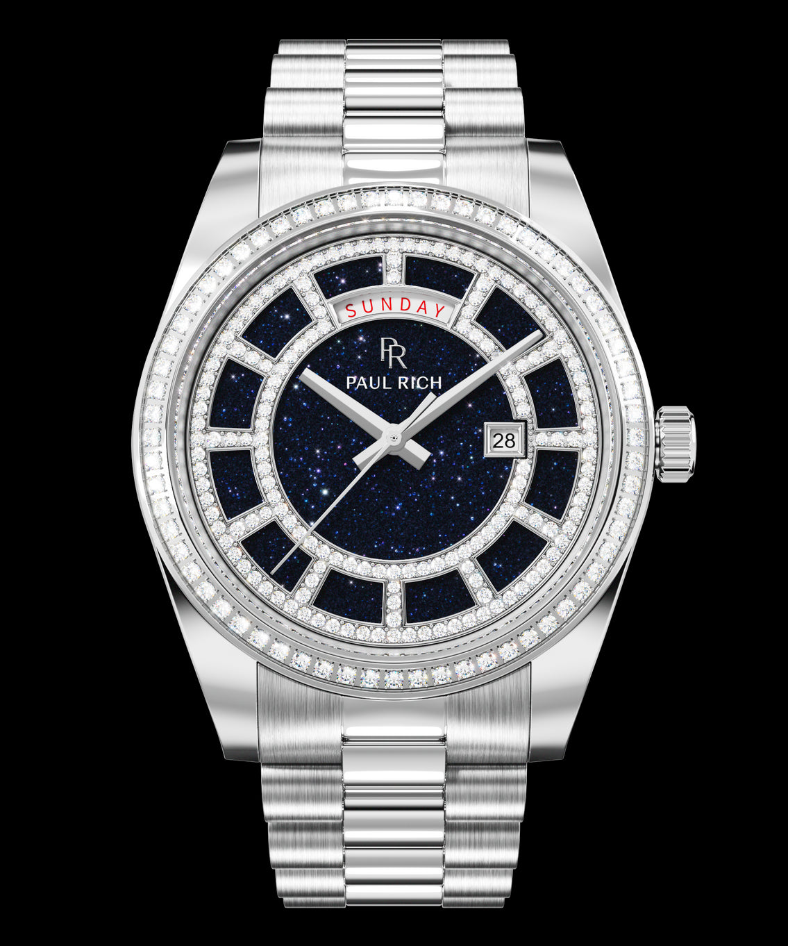 Silver watch with a blue aventurine dial, day and date windows, and a bezel and hour markers set with clear stones on a full stainless-steel bracelet.