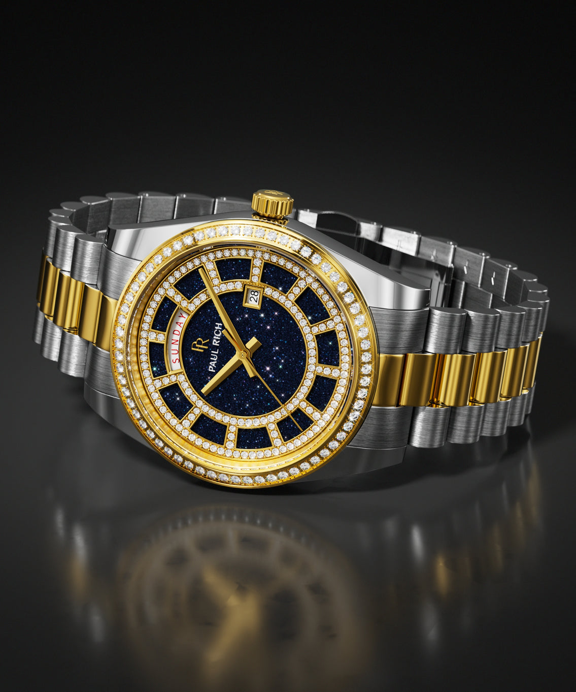 Two-tone silver and gold watch with a blue aventurine dial and a pavé stone-set bezel, shown on a steel bracelet against a dark background. product_visual