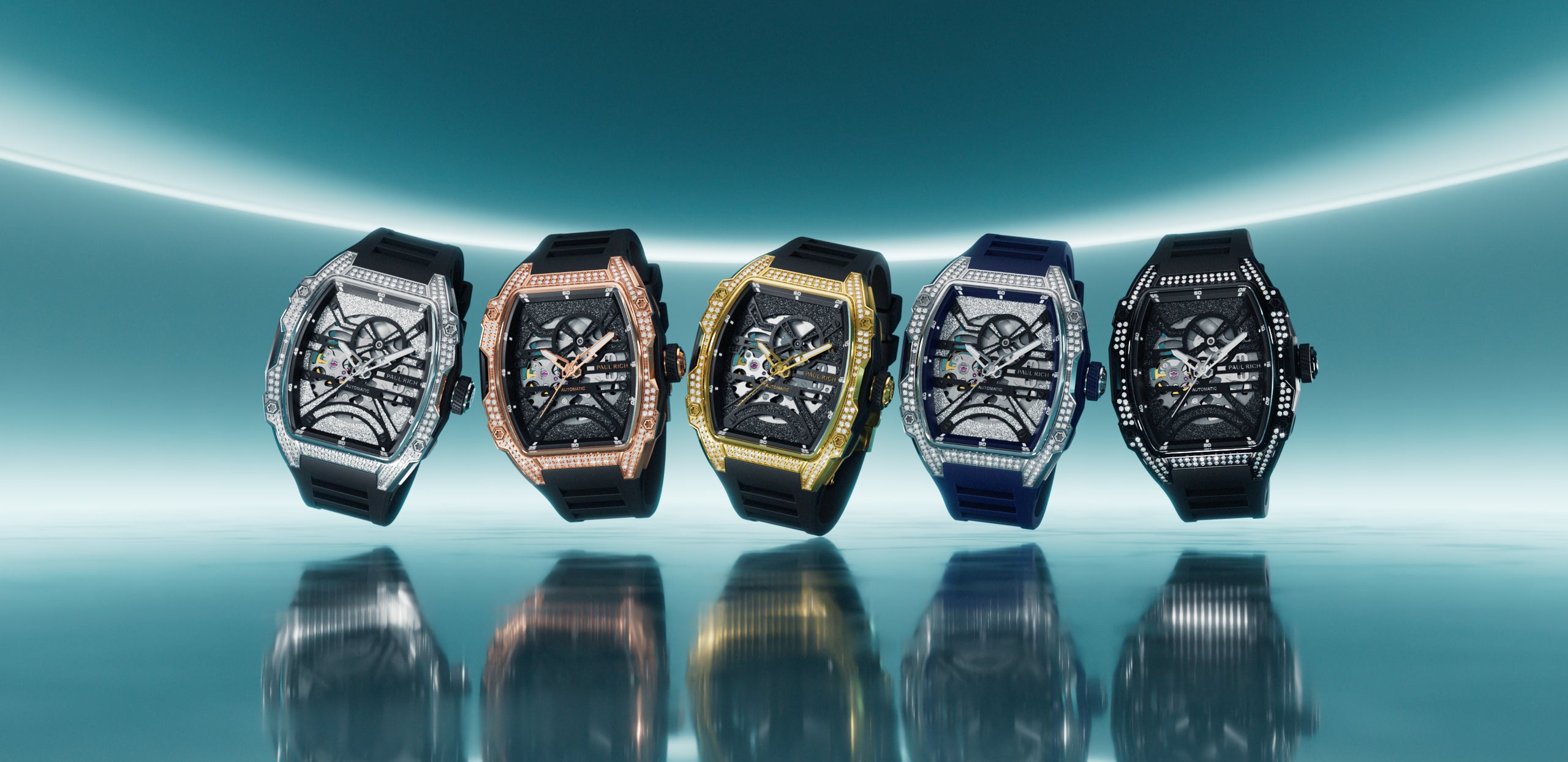 Five skeleton watches with lab-grown diamond bezels in silver, rose gold, gold, blue, and black cases on silicone straps and turquoise neon background.
