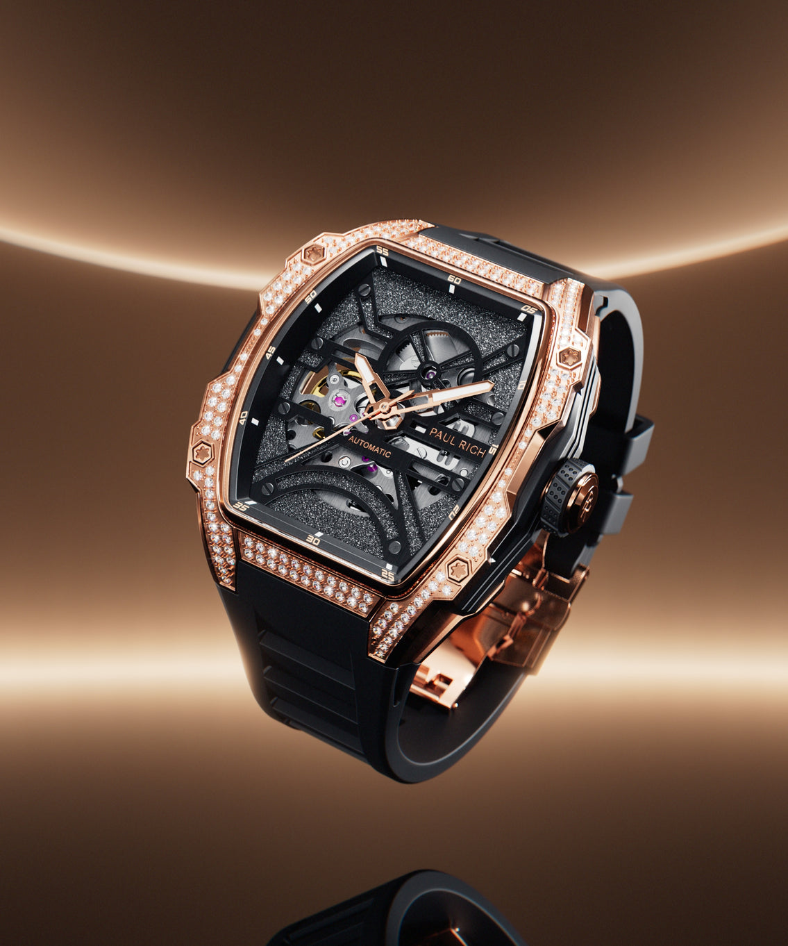 Luxury open dial watch with diamond-set rose gold case and black strap, shown floating against a glowing bronze gradient background. product_visual, [lifestyle]