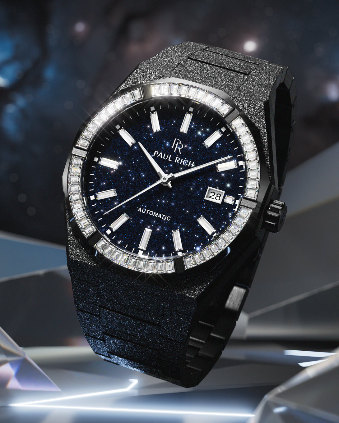Black Paul Rich watch with frosted texture, blue aventurine dial, and gem-set bezel, displayed against a cosmic-inspired background. product_visual, [lifestyle]