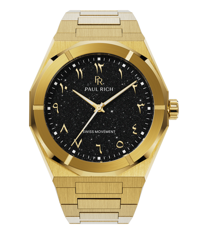 Gold watch with brushed case, black aventurine dial, and Arabic numerals, shown on a transparent background.