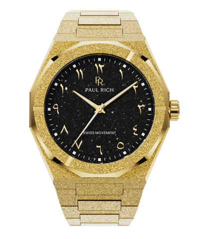 Paul Rich gold frosted watch with black aventurine dial, gold Eastern Arabic numerals, and Swiss movement on gold bracelet.