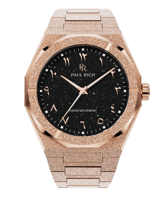 Paul Rich rose gold frosted watch with black aventurine dial, rose gold Eastern Arabic numerals, and Swiss movement.