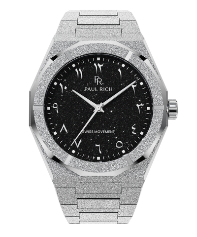 Silver watch with shimmering frosted case, black aventurine dial, and Arabic numerals, displayed on transparent background.