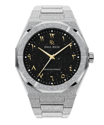 Paul Rich silver frosted watch with black aventurine dial, gold Eastern Arabic numerals, and Swiss movement.