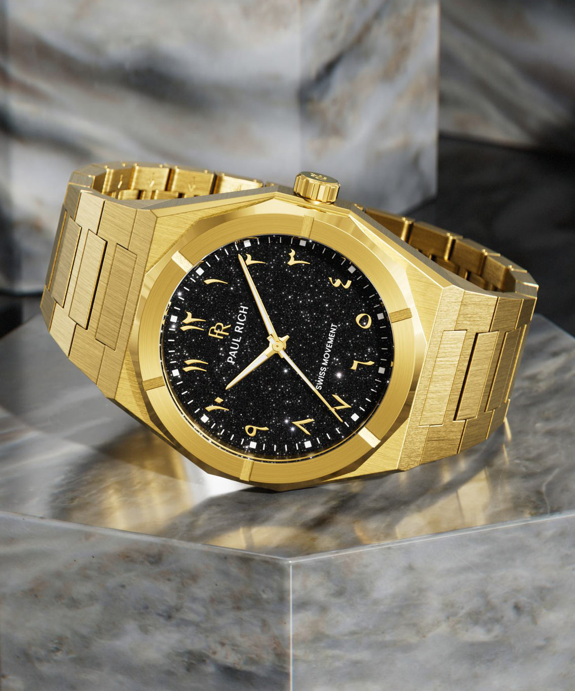 Paul Rich gold brushed watch with black aventurine dial, gold Eastern Arabic numerals, and Swiss movement on gold bracelet. product_visual