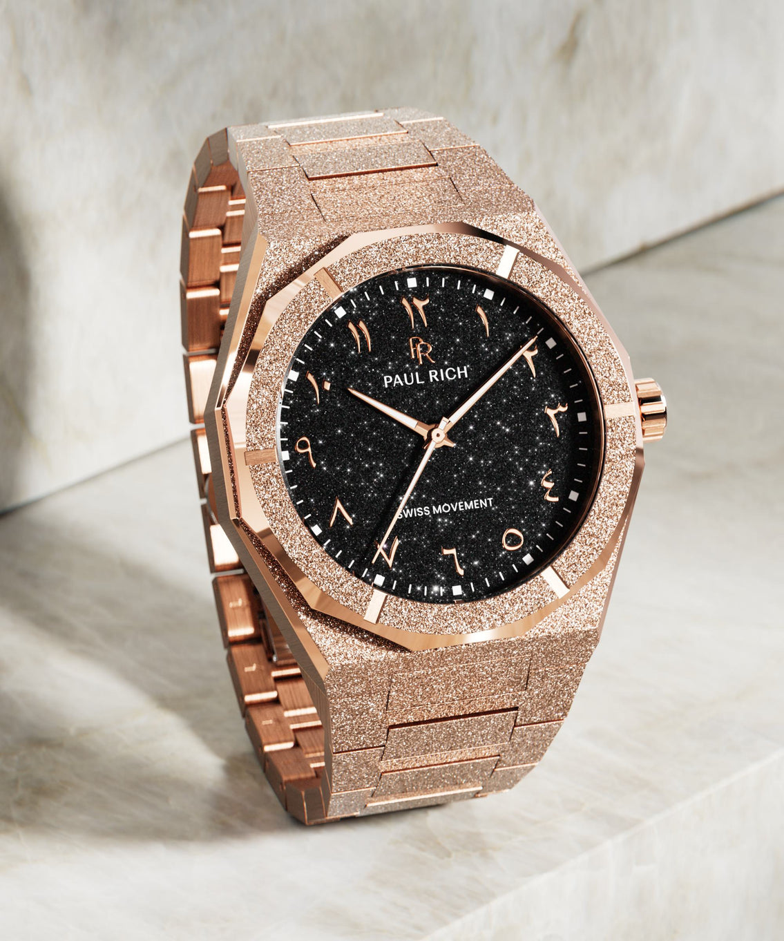 Paul Rich rose gold frosted watch with black aventurine dial, rose gold Eastern Arabic numerals, and Swiss movement. product_visual