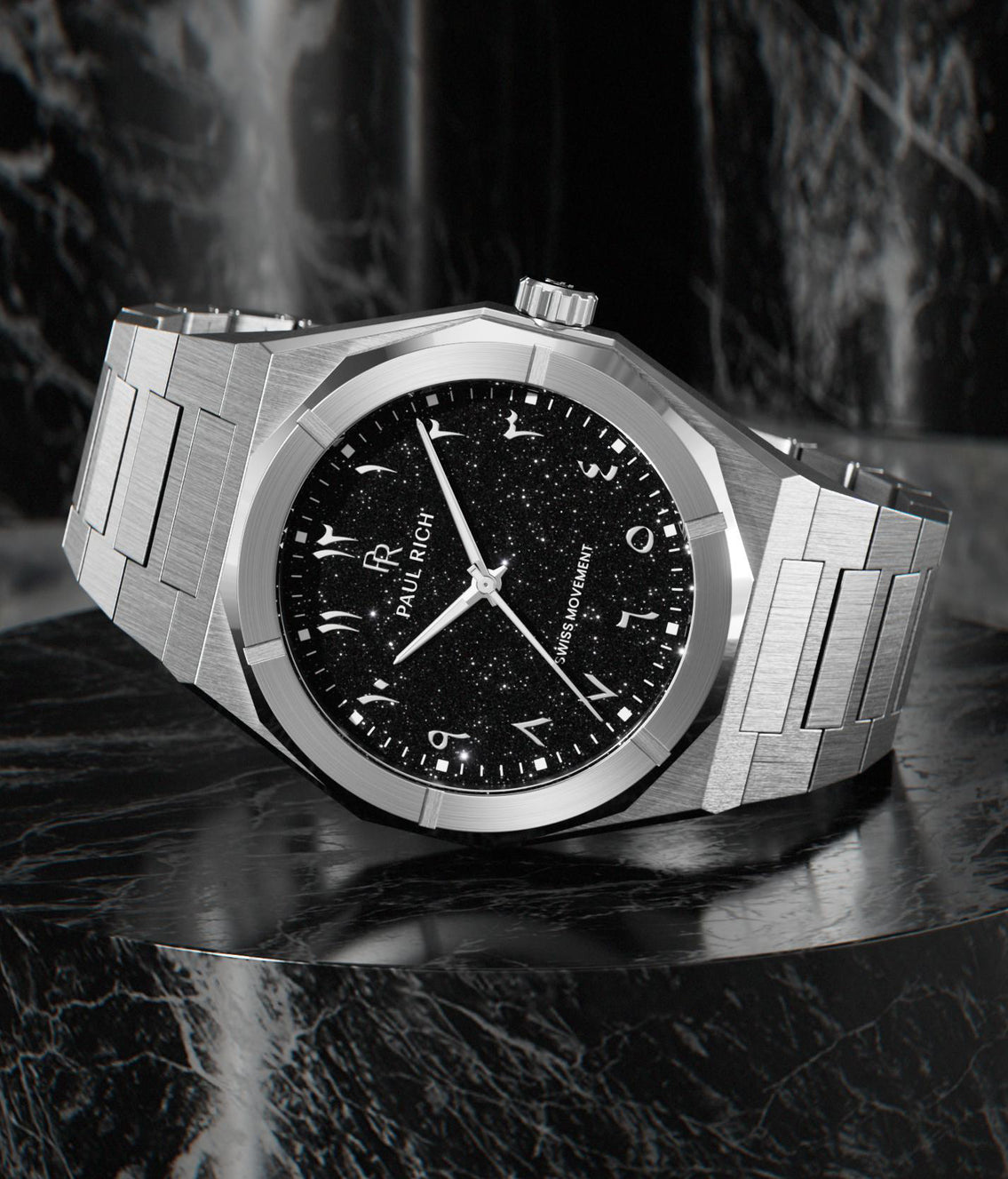 Paul Rich brushed steel watch with black aventurine dial, silver Eastern Arabic numerals, and Swiss movement on steel bracelet. product_visual