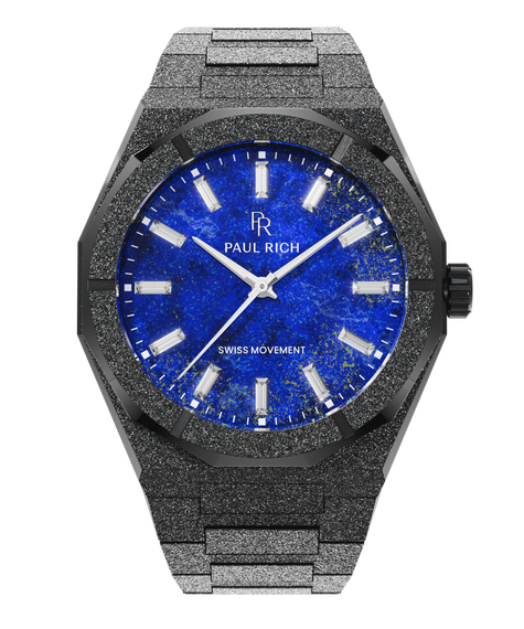 Black Lapis Nebula watch with a vivid blue dial and frosted case, front view