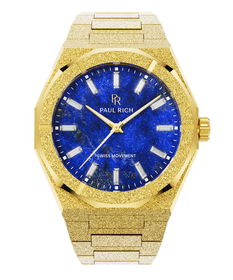 Gold-tone Lapis Nebula watch with a vivid blue dial and frosted case, front view