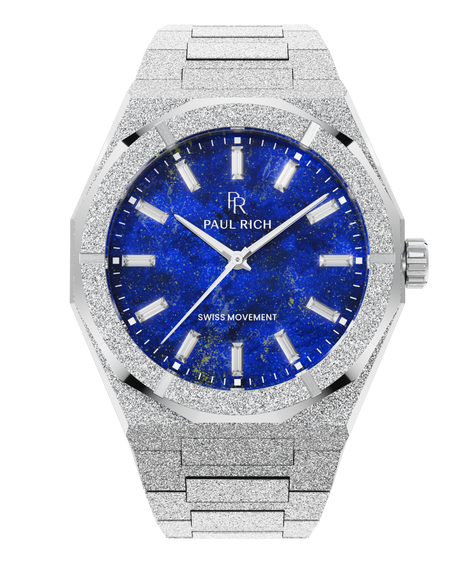 Silver Lapis Nebula watch with a vivid blue dial and frosted case, front view