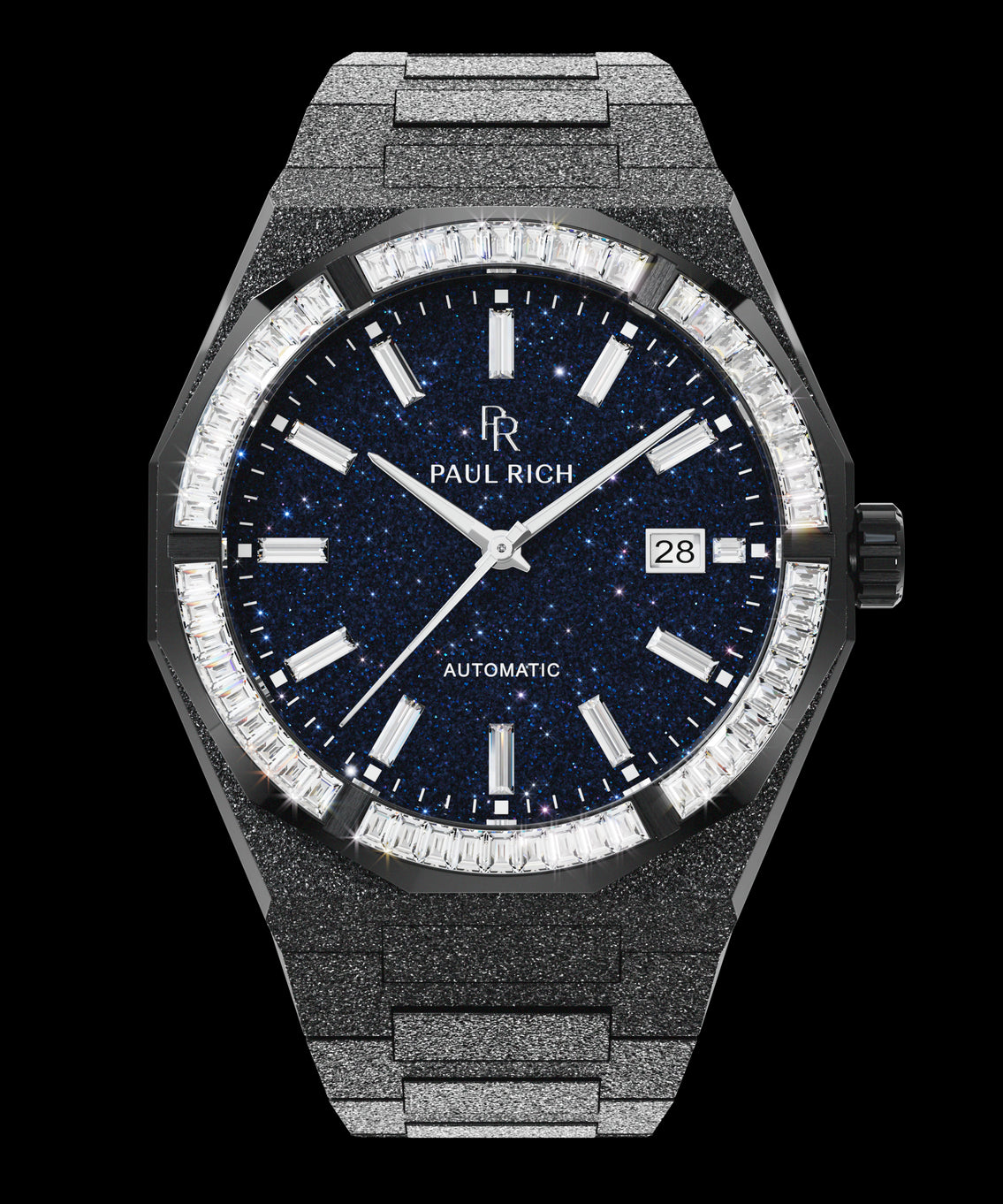 Black watch with frosted bracelet, blue aventurine dial, and baguette-cut moissanite bezel, showcasing refined sparkle and precision detail. Quartz | Automatic