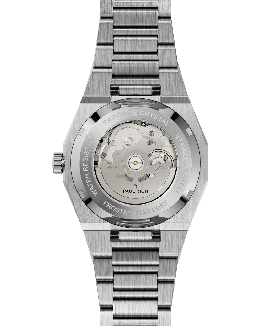 Silver frosted watch case back with transparent sapphire window revealing automatic movement gears and engraved outer markings. Automatic