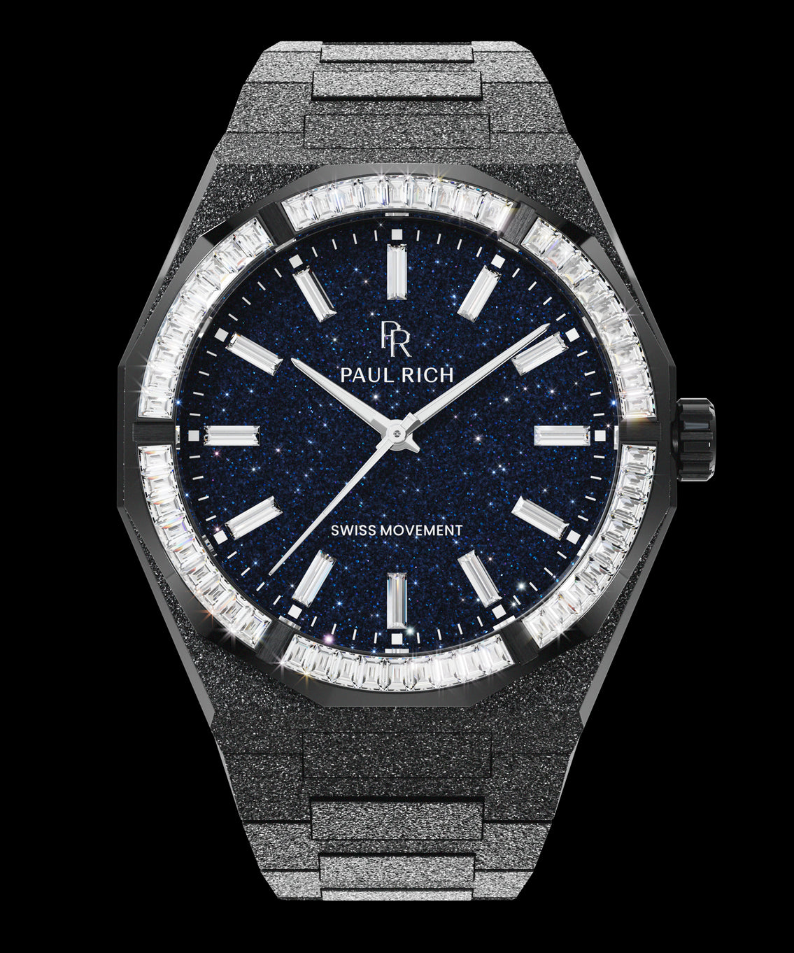 Black Paul Rich Moissanite Frosted Star Dust II watch with blue aventurine dial and baguette-cut gem-set bezel on a frosted bracelet. Quartz