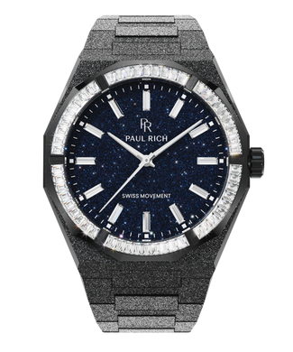 Black Paul Rich Moissanite Frosted Star Dust II watch with blue aventurine dial and baguette-cut gem-set bezel on a frosted bracelet. Quartz | Automatic