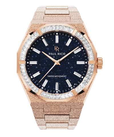 Rose gold frosted watch with blue aventurine dial and trapezoid-cut moissanite bezel reflecting light in sharp, diamond-like flashes. Quartz