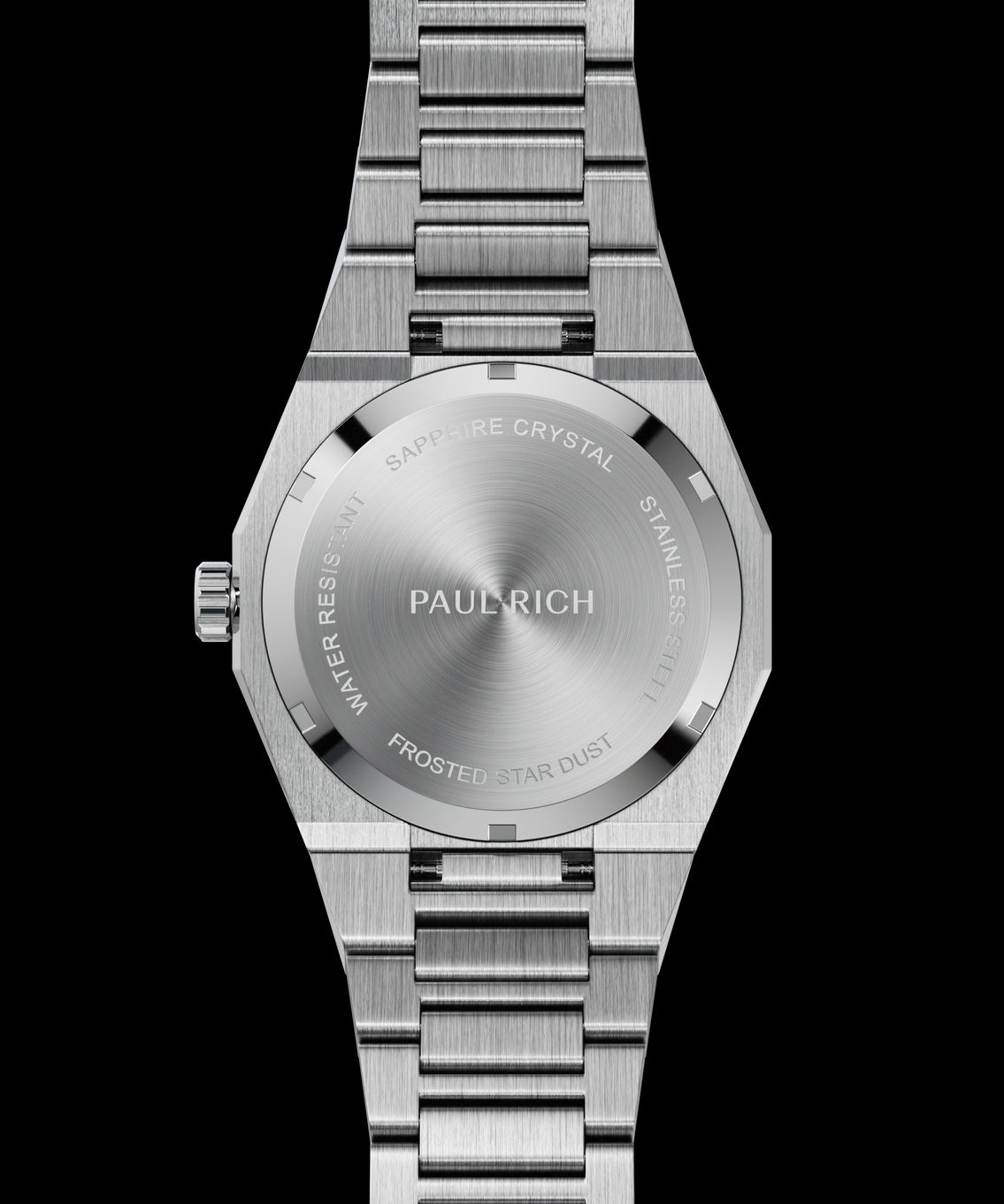 Silver frosted watch case back with circular brushed finish and engraved markings for sapphire crystal, water resistance, and model name. Quartz