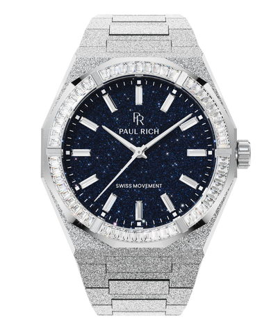 Silver frosted watch with blue aventurine dial and trapezoid-cut moissanite bezel, reflecting crisp white light across its polished surface. Quartz