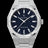 Silver frosted watch with blue aventurine dial and trapezoid-cut moissanite bezel, reflecting crisp white light across its polished surface. Quartz