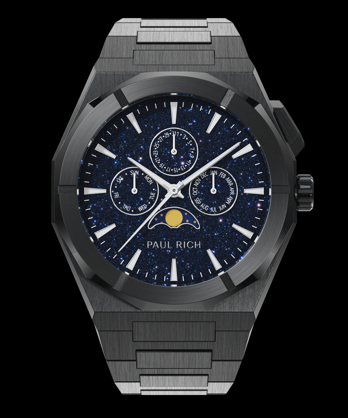 Paul Rich black watch with aventurine dial, moonphase display, and three subdials on a brushed black bracelet.