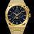 Paul Rich gold watch with black aventurine dial, moonphase display, and three subdials on a brushed gold bracelet.